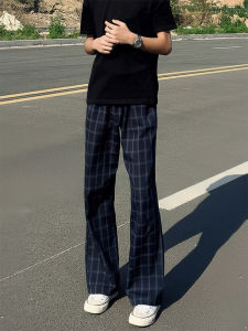ZHUOCAN | Blue Checked Ice Silk Quick Dry Summer Slim Fit Flared Pants