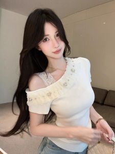 GUZILIAN | Sweet Pure Desire Lace Trim Short Sleeve Knitted Diamond Embellished Slim Fit Shoulder Baring Top For Women Fashionable Casual Wear