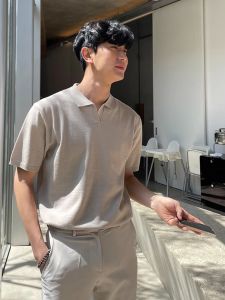 Summer Thin Polo Collar Short Sleeve Men Loose Casual Knitted Pure Color T-Shirt Trendy Versatile Standard Fit Youth Popular