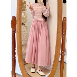 ชุดเดรสยาวแขนยาวทรงเอเอวสูงสไตล์เกาหลีสำหรับผู้หญิงช่วงต้นฤดูใบไม้ร่วง ชุดสองชิ้น ลายทาง คอโปโล ทรงเอ ชุดสองชิ้น