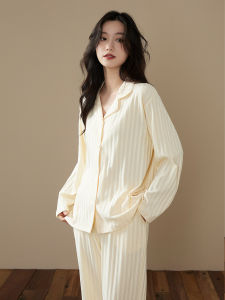 me home wear | Long Sleeve Turn-down Collar Apricot Stripe Womens Fall Pajama Set
