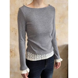 Womens Long Sleeve Base Shirt Lace Waist Cinched Inner Wear Top Spring New Style Pleated Bottom Design Sense Blouse