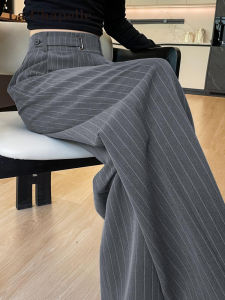 La Chapelle Grey Pleated Stripe Suit Wide Leg Pants Womens High Waist Pear Body Shape Button Casual Floor Length Pants