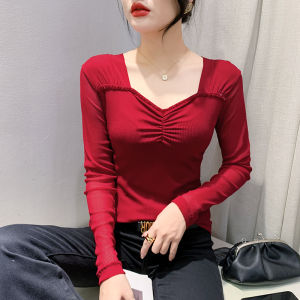 YIMEI New V-neck Beaded Top 2023 Spring and Autumn Korean Edition Mesh T-shirt Fashion Versatile Fit Black Underlay Shirt