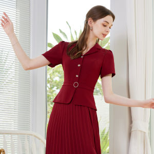Elegant Red Suit Dress Womens Fashionable Patchwork Chiffon Pleated Skirt Design Spring Summer Short Sleeve Natural Waist