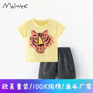 Malwee Two-Piece for Boys Summer Wear New Arrival European and American Style Childrens Clothing Handsome Print Children round Neck Kids Suit
