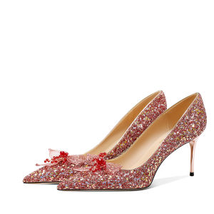 รองเท้าแต่งงานสีแดงแบบสวมส้นสูงสำหรับผู้หญิง รองเท้าแต่งงานสไตล์ฝรั่งเศส รองเท้าแต่งงานชุดจีนโบราณ รองเท้าแต่งงานแบบสวมส้นสูง