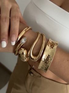 Ingemark | Ingemark 3 Styles Hip Hop Geometric Snake Shaped Open Bangles Women Trendy Smooth Gold Color Wide Spring Bracelets Men Jewelry