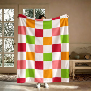 Potdemiel | Green Orange Pink Plaid Flannel Blanket Soft Warm Christmas Halloween Blanket for Lightweight Cozy Room Home Decor Gifts