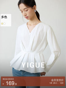 Yigue Pure Cotton White Shirt Womens Fashion Spring New Style Elegant Special High-End Feeling Long Sleeve V-neck Top