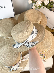 Elegant Chinese New Style Watercolor Hat Flat Top Straw Hat Womens French Vintage Sun Hat Summer Beach Vacation Sun Protection