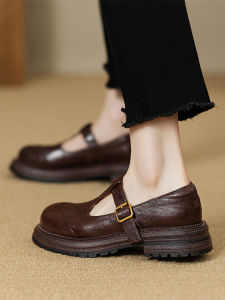 Mary Jane Single Shoes 2025 Genuine Leather Thick Heel Retro Style Womens Spring Autumn Fashionable Flat Buckle Design Casual Loafers
