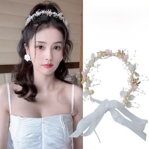 Ribbon Flower Pearl Headband Womens 2024 New Arrival Summer Headband Ribbon Hair Binding One Hair Tie Hairband Headdress