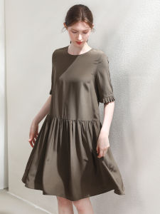 Miccbeirn | Simple Elegant Silk Shantung Dress Sweet Style A-Line Skirt Petite Size Mulberry Silk Doll Dress Commute Style Regular Sleeve