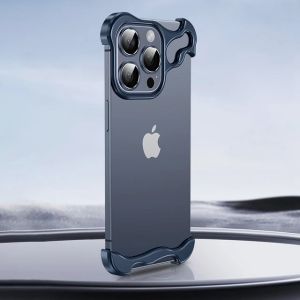 For iPhone 13 14 15 Pro Max 15 14 Plus Case Aluminum Alloy Frameless Mobile Metal Special-Shaped Lens Protective Film Anti-fall Phone Cover