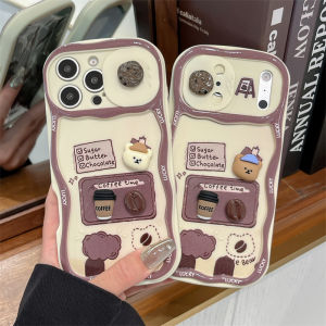 Cute 3D Cartoon Bear Coffee Push-Pull Camera Protection Phone Case For iPhone 17 16 15 14 13 Pro Max With Strap Shockproof Cover