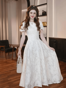 Elegant French Style Floral Embroidery Dress Womens Simple Grandeur Slimming Long Skirt ZY HT Purple Vine Bubble Sleeve a Line Dress