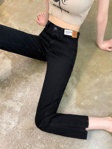 High Waist Slim Fit Fleece Lined Black Denim Jeans Womens Spring Autumn Straight Leg Pants Vintage Style Cotton Stretch Fabric