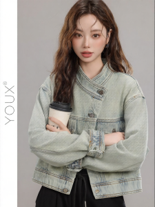 YOUXIANG | Áo Khoác Jean cổ Asymmetric Retro