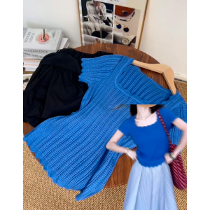HUOLISI | Klein Blue Lace Trim Crew Neck T-Shirt Slim Fit Female