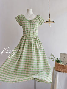 Váy Nữ Mùa Hè Tay Ngắn Họa Tiết Kẻ Caro Phong Cách Pháp Tươi Mới Váy Chữ a Cổ Tròn Dài Đến Giữa Bắp Chân Váy Nữ