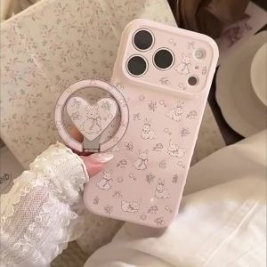 Korean Flowers Fold Love Heart Cartoon Bunny Magnetic Bracket Phone Case For iPhone 17 16 15 14 13 Pro Max Shockproof Soft Cover