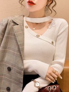 Slimming Knitted Base Shirt Spring New Style Fashionable V-Neck Long Sleeve Womens Sweater Commute Korean Style Pure Color