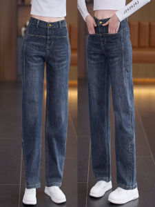 High Waist Fleece Lined Straight Leg Jeans Womens Winter 2025 New Slim Fit Wide Leg Pants Slimming Floor Length Versatile Ladies Jeans