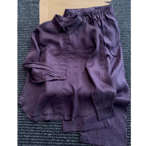 High-End Cotton Linen Womens Shirt Set Casual Fashion Spring Summer Loose Purple Linen Shirt Lazy Style Trendy Two-Piece Suit