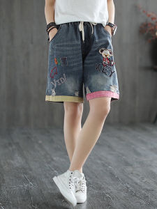 กางเกงขาสั้นผ้ายีนส์ฤดูร้อนของผู้หญิงเอวสูงเข้ารูปพอดีปักลําลองเอวกลางกางเกงผ้าฝ้ายระบายอากาศ