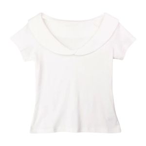 YUEZHONGWEI | เสื้อยืดแขนสั้นคอตุ๊กตาสีขาวสำหรับผู้หญิงในช่วงฤดูร้อนปี 2025 เสื้อแขนสั้นทรงสลิมฟิตสำหรับสาวๆ ที่เผ็ดร้อน