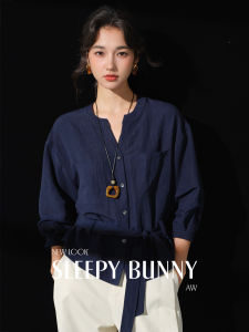 French Bow Tie Waist Loose Casual V-Neck Shirt Autumn Lyocell