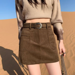 High Waist A-Line Mini Skirt Womens Suede Velvet Anti-Light Short Skirts Autumn Winter Slimming Workwear Skirts