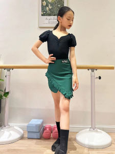 Girls Latin Dance Practice Suit Fashion Lace Splicing Short Sleeve Performance Costume Childrens Clothing Dancewear Nylon Fabric