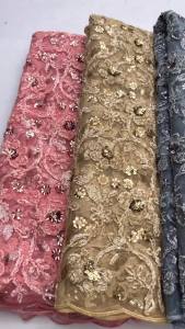 Luxury African Mesh Sequin & French Tulle Lace Fabric with 3D Floral Embroidery - 5-Yard Bridal Gowns Evening Dresses Textile