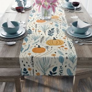1 Piece of Autumn Pastoral Pumpkin Table Runner Painted Pumpkin and Flower Pattern Suitable for Restaurant Home Picnic B&B Harvest Party Scenes.