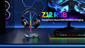 New Bee Z12 RGB Headphone Stand with Wireless Charging and 2 TYPE-C & 1 USB Charging Ports Desk Gaming Headset Holder with 7 Light Modes and Non-Slip Rubber Base Suitable for All Headphone