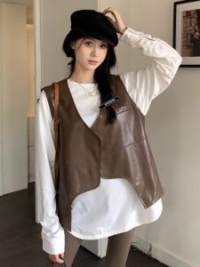 GUZILIAN | Irregular Design Vintage PU Leather Vest Womens Loose Fit White T-Shirt Set Korean Style Commute Suitable For All Body Types