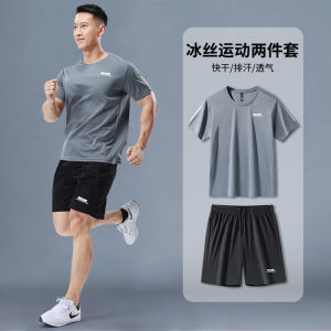 Mens Sportswear Set Quick Dry Thin Short Sleeve Running Morning Basketball Clothing Feathers Shorts Fitness Outfit round Neck