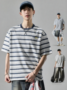 SZON | Embroidered Campus Style Stripe T-shirt Round Neck