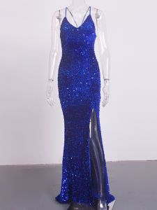 Luxury Blue Sequin Slip Lace Up Cocktail Party Dress Backless Hollow Out Velvet V Neck Maxi Gown Celebrity Women Prom Dresses