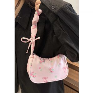 Sweet Floral Canvas Shoulder Bag Womens Drawstring Bag Versatile High Aesthetic Value Crossbody Bag Casual Style Underarm Bag