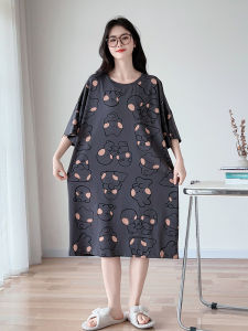 Cartoon plus Size Sleepwear Womens Mid-Length Summer Short Sleeve Thin Pure Cotton Home Clothes for Pregnant Fat MM