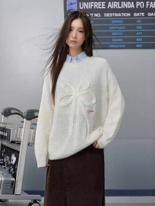 unifree | Áo Sweater Knit Retro Dễ Thương Màu Trắng