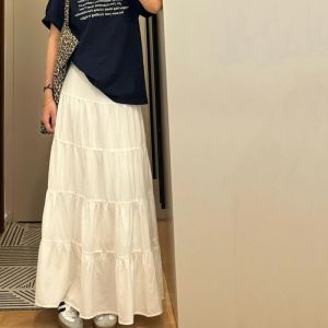 Váy Chữ a Cạp Cao Màu Trắng Dài Vừa Phải Cho Nữ Mùa Hè 2025 Váy Bánh Kem Dài Vừa Phải Có Xếp Ly Cho Nữ Cao Lớn