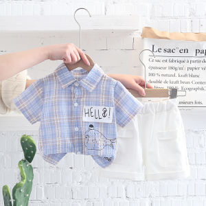 Setelan Anak Laki-Laki Usia 6 Bulan - 5 Tahun Kemeja Lengan Pendek Motif Kotak Print Ikan Kartun Celana Pendek Polos Pinggang Karet Bahan Katun Lembut Pakaian Harian Anak Cowok