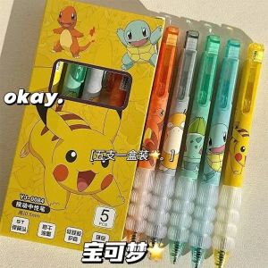 5pcs Pokemon Pen Set Pikachu Squirtle Charmander Press Gel Pen Cute Anime School Office Supplies Stationery Gift for Kids