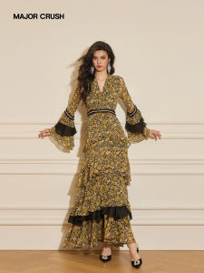 Romantic Holiday Orange Floral High Waist Long Dress