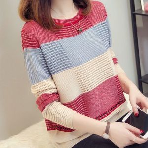 Womens Sweater Striped Stitching Knitted Sweater Pullover Shirt