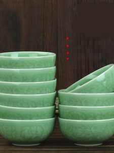 Chinese Style Ceramic Rice Bowl Set of 10 4.5 Inch Micro-Oven Safe Dragon Well Green Porcelain Dining Utensils Home Use